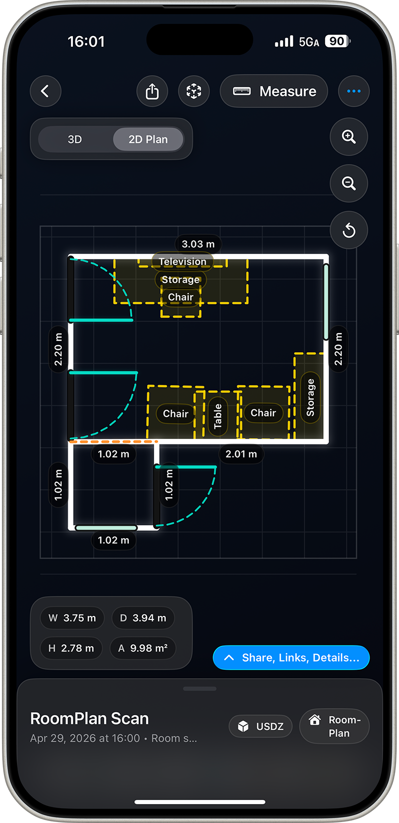 CAD-style floor plan blueprint generated from a room scan