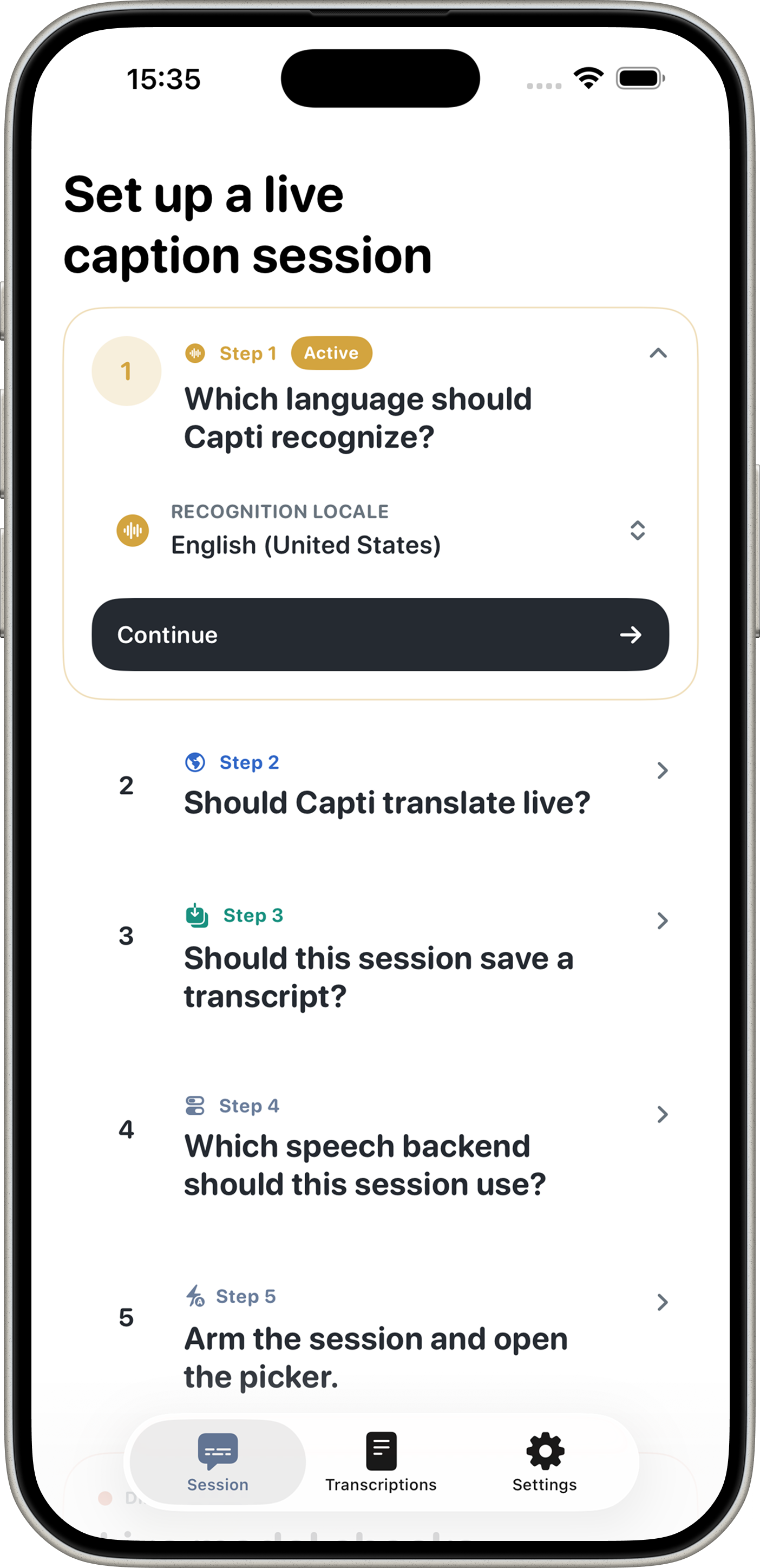 Capti setup screen asking the user to choose a language before starting live transcription