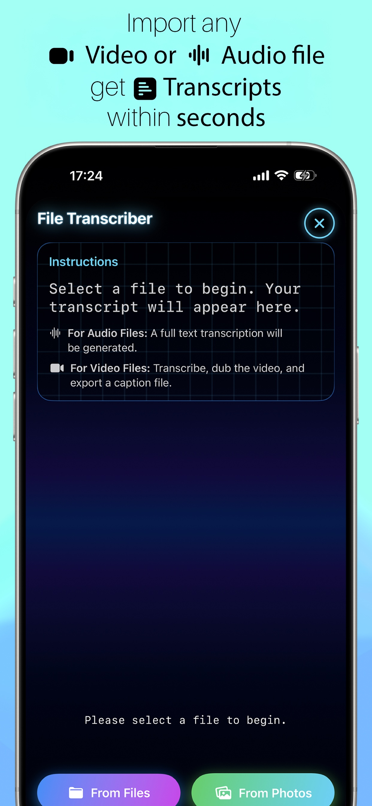 Koemo import audio and generate transcript screen
