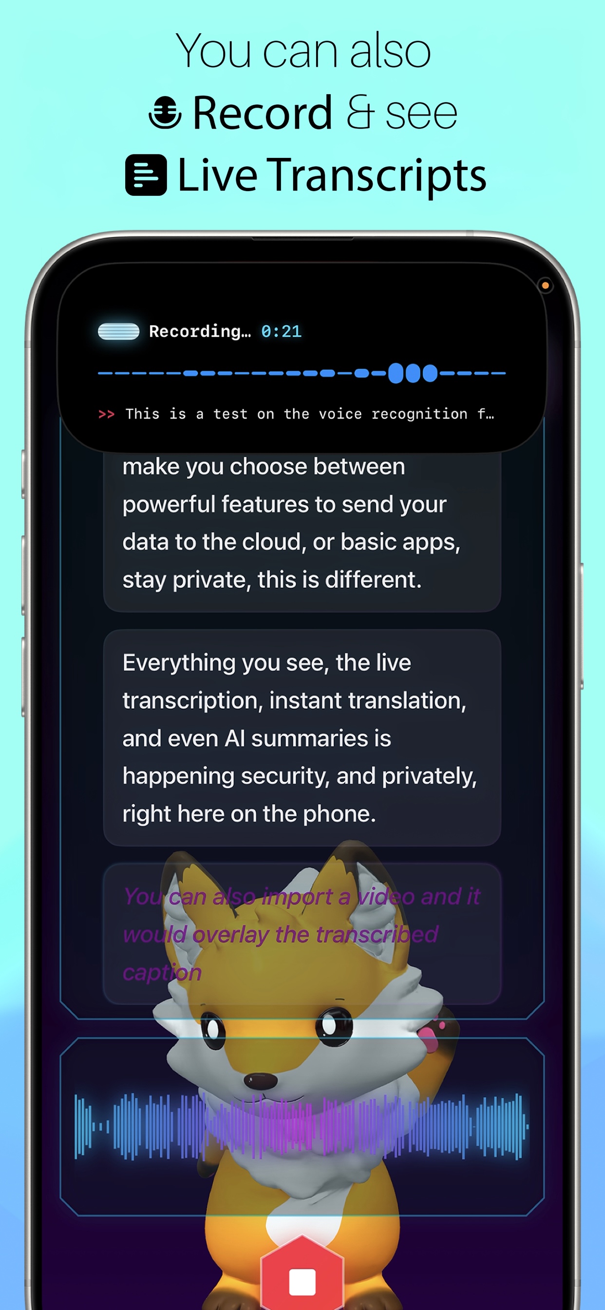 Koemo live recording transcript interface