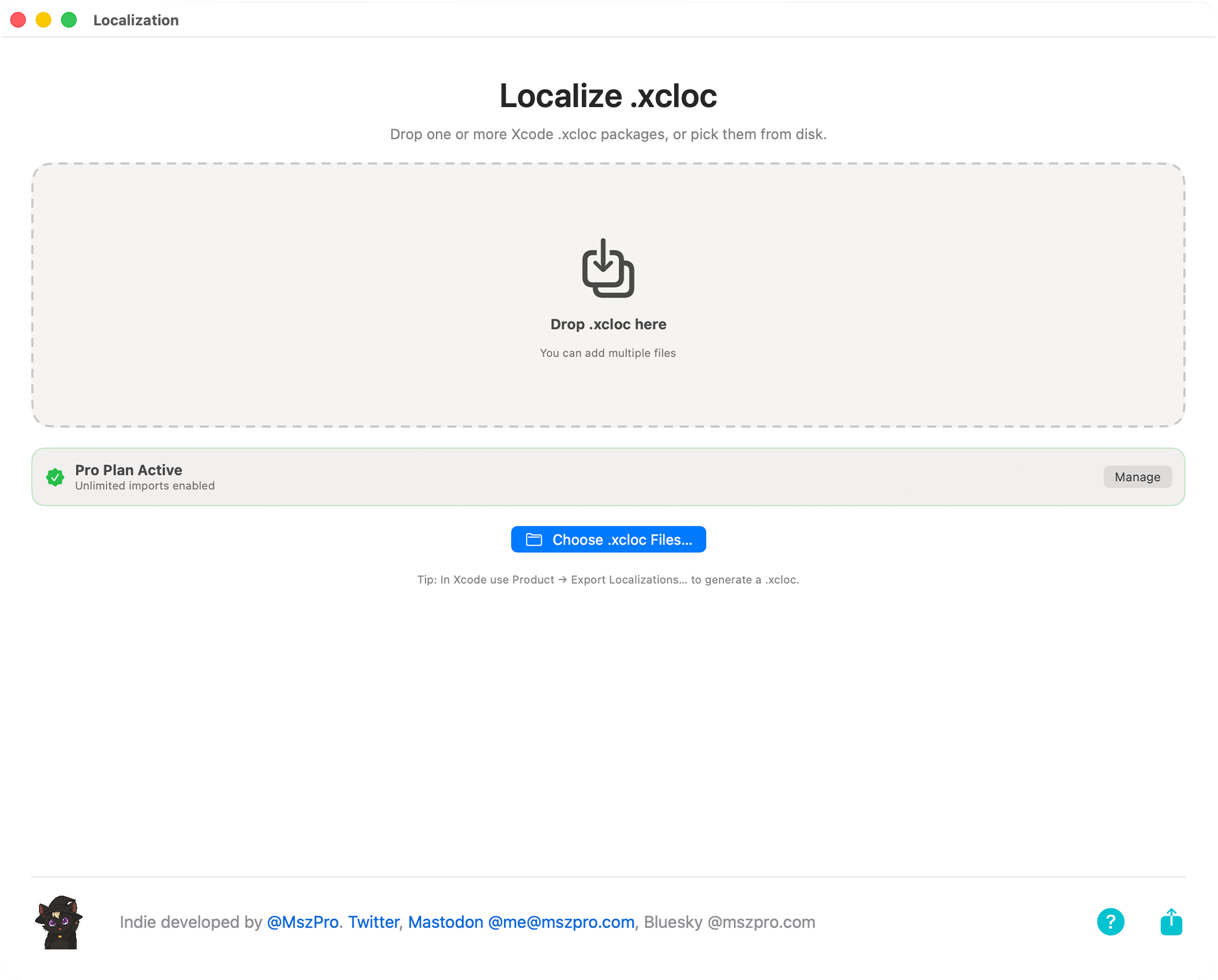 XCLOC AI Localizer startup screen asking the user to drag in .xcloc files