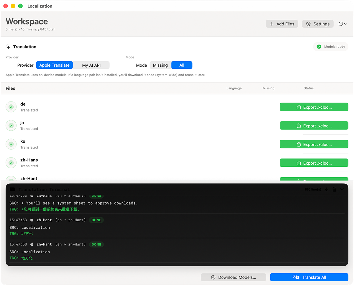 XCLOC AI Localizer finished screen with export buttons