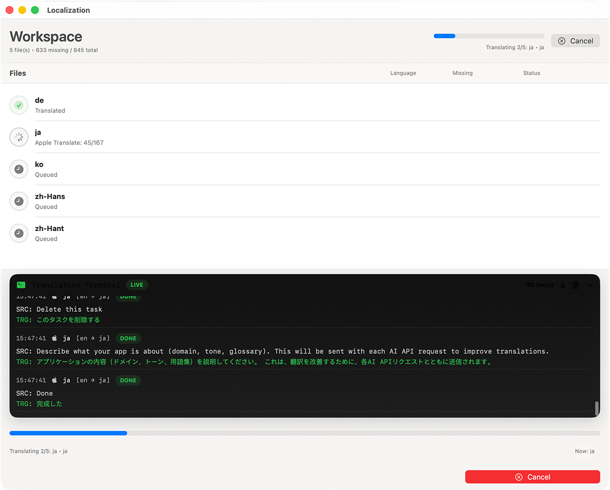 XCLOC AI Localizer translating strings with Apple system translation
