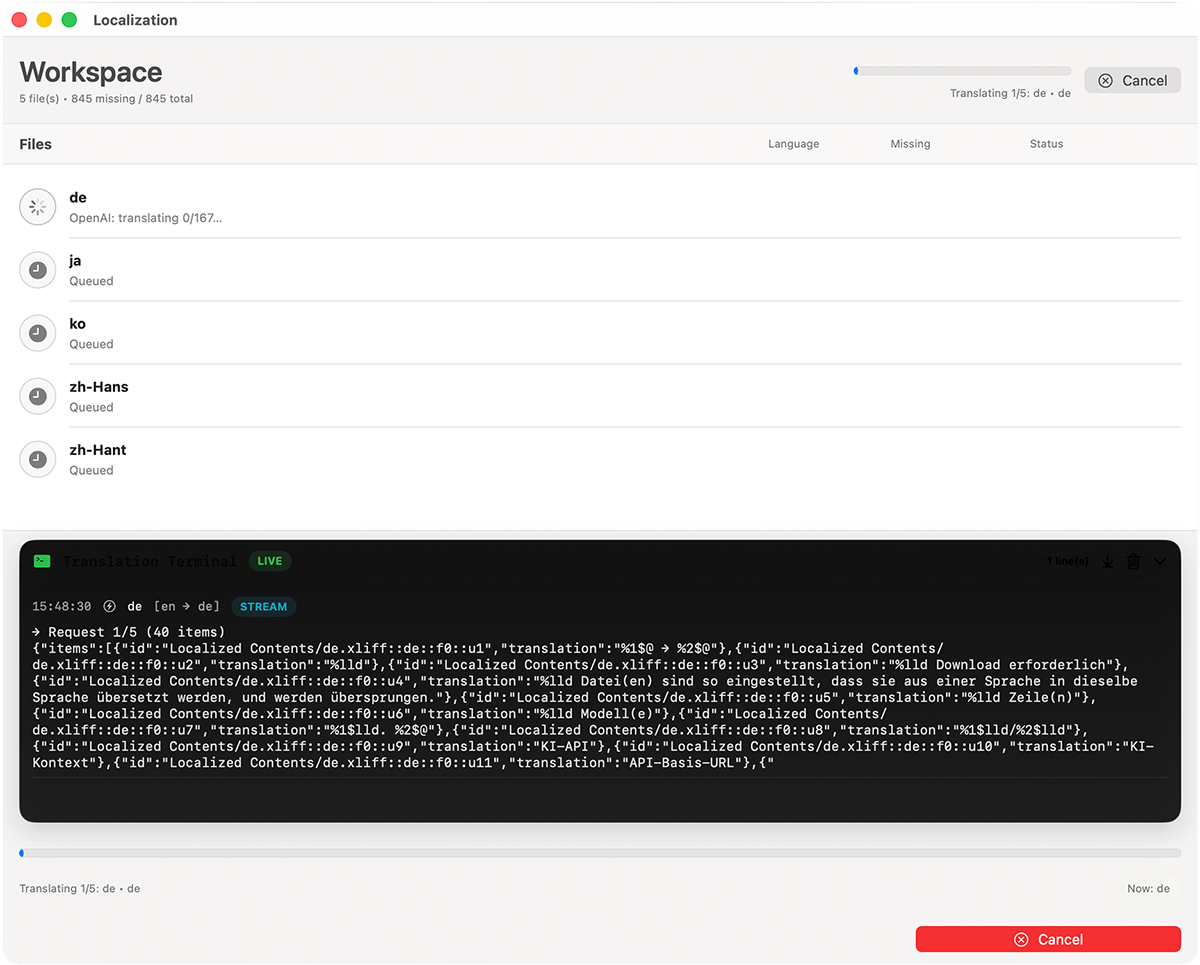 XCLOC AI Localizer translating strings with the user's OpenAI API key