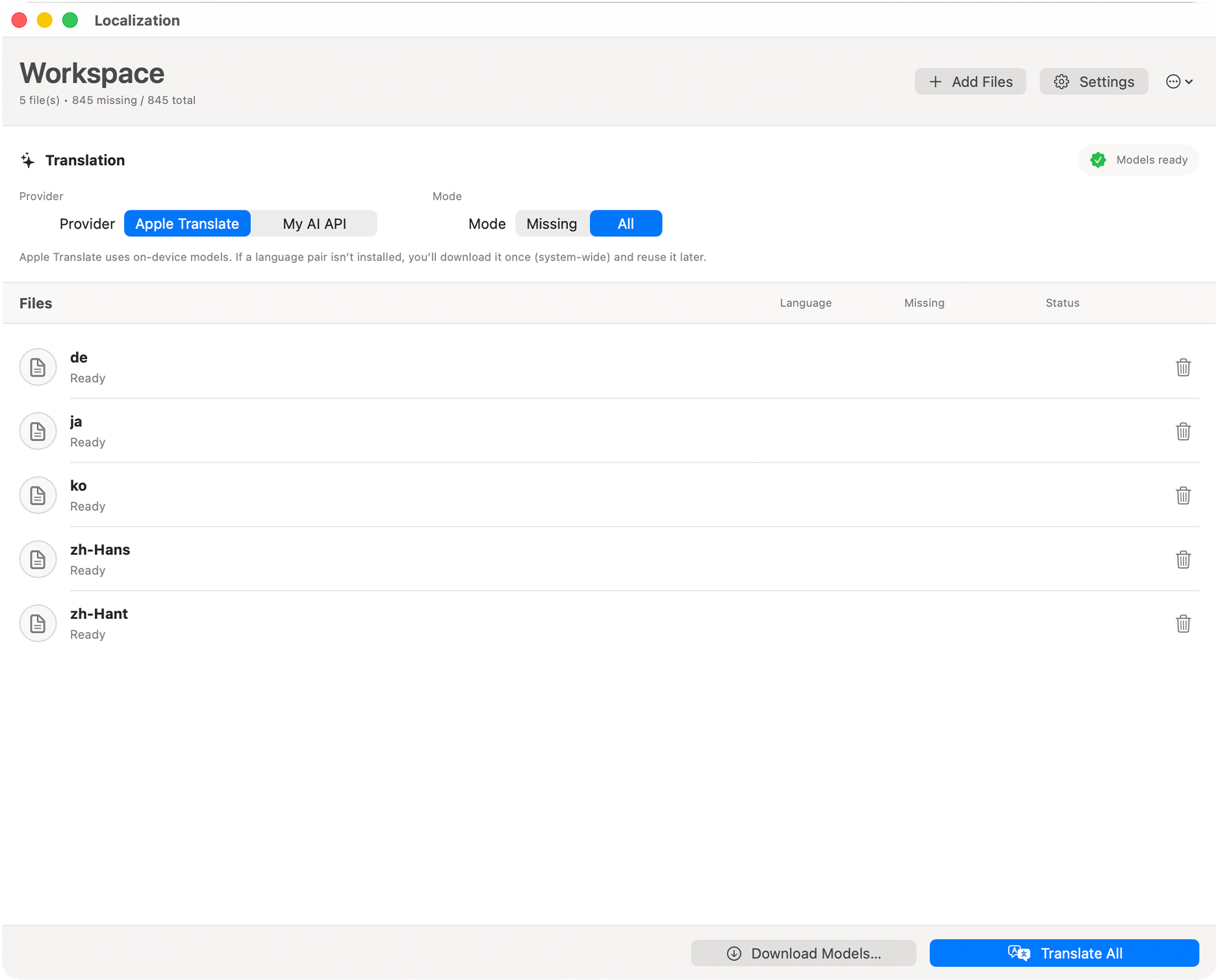XCLOC AI Localizer showing imported files and translation options