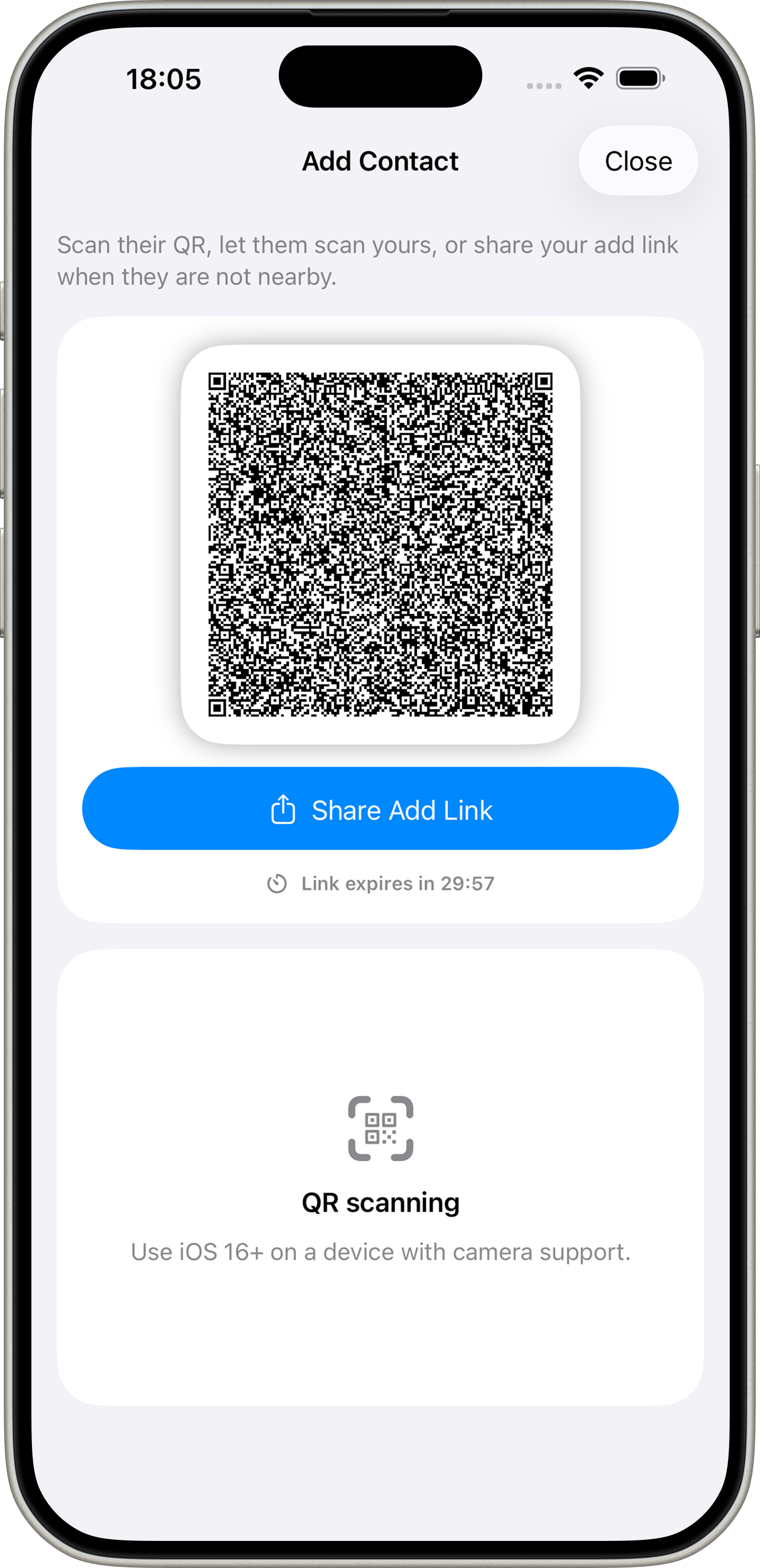 Mini Walkie Talkie add contact flow showing a QR code, a share add link button, and QR scanning instructions