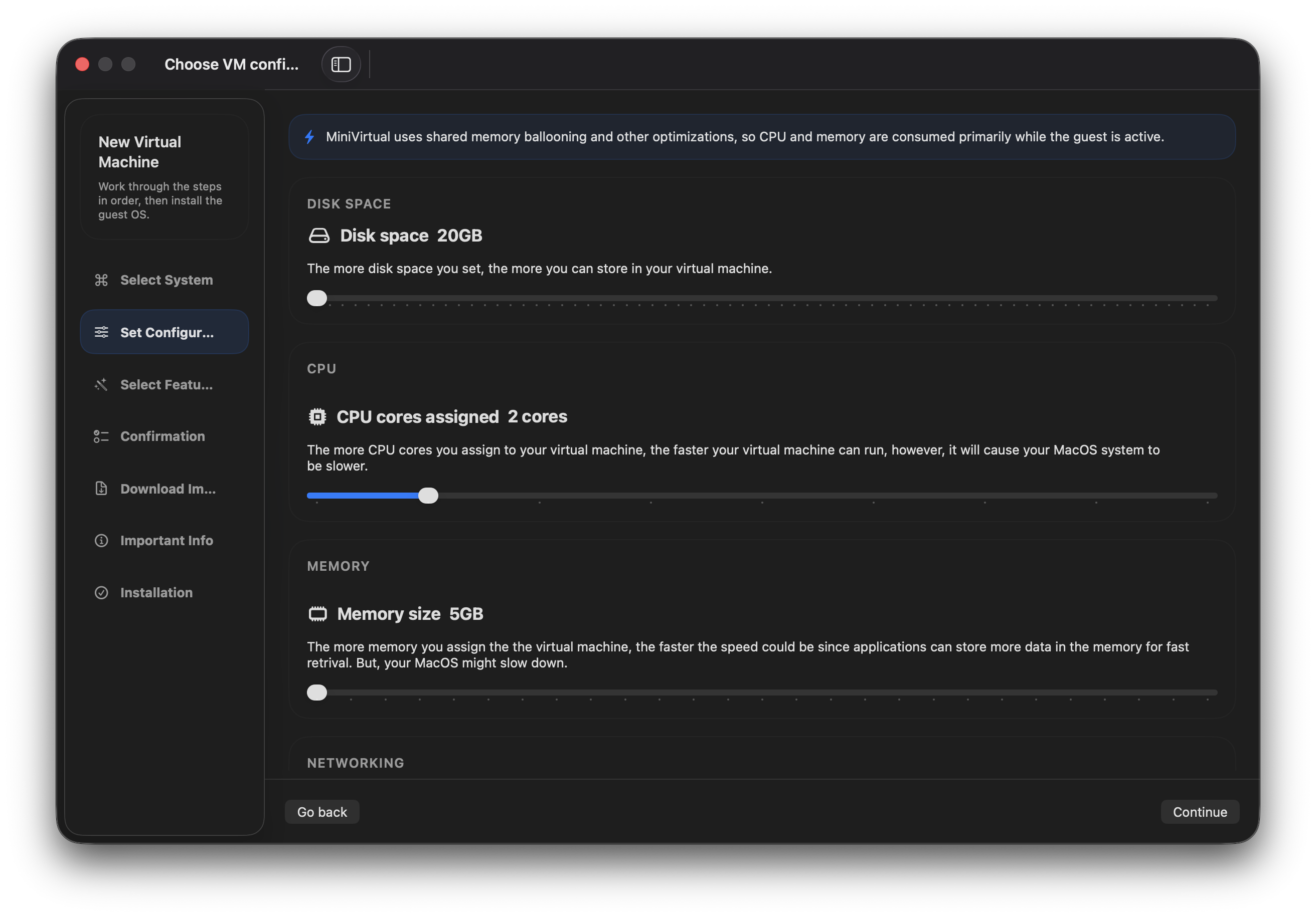MiniVirtual configuring disk space, CPU cores, and memory