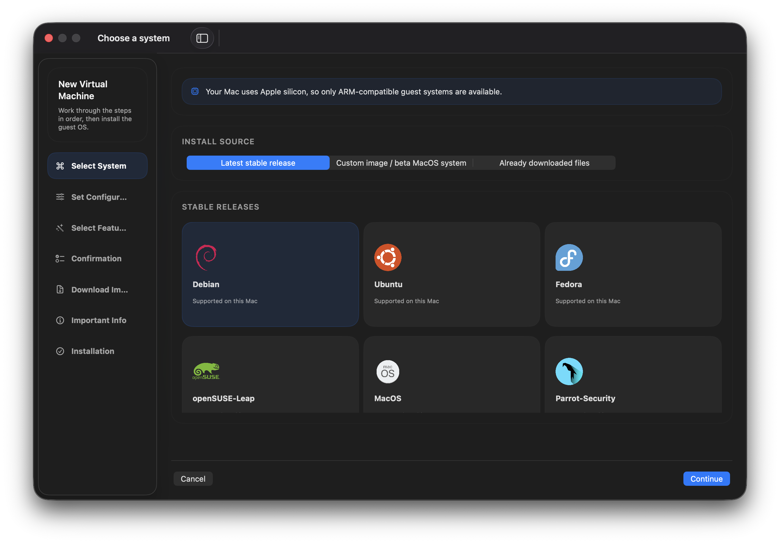 MiniVirtual system selection showing Debian, Ubuntu, Fedora, openSUSE Leap, and macOS
