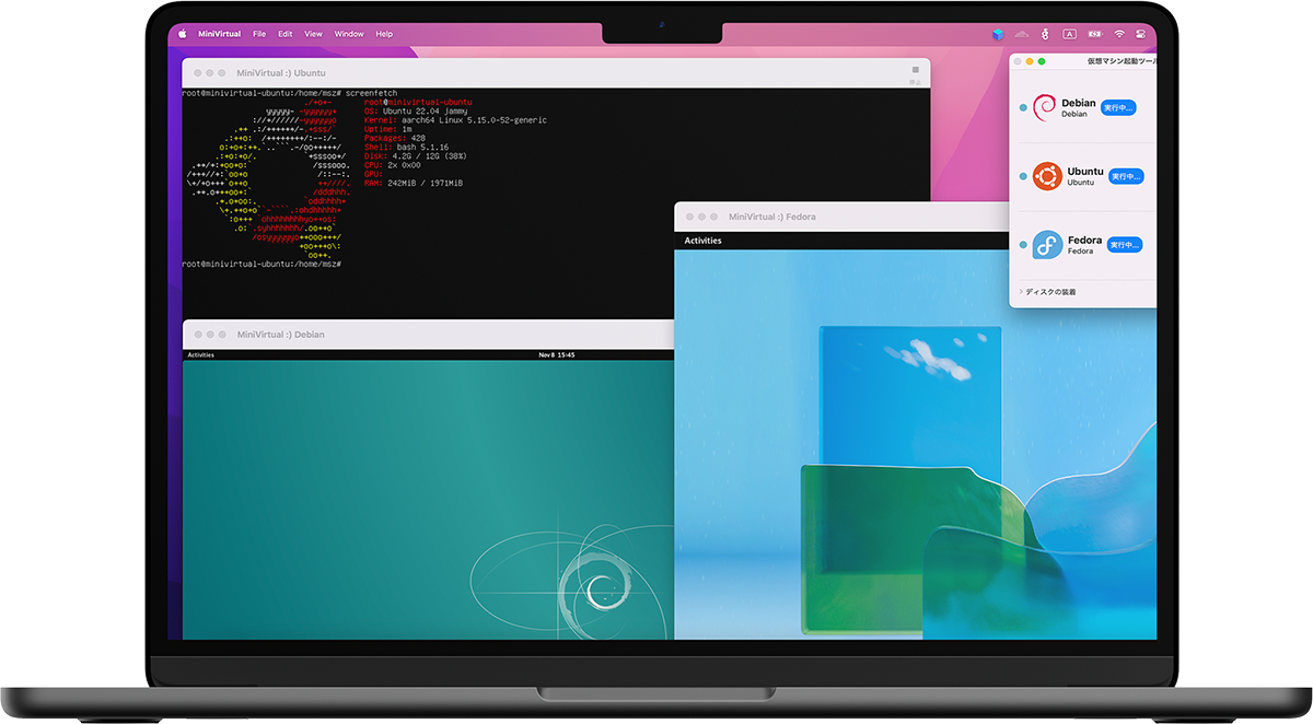 MiniVirtual showing three Linux virtual machines running at the same time on a MacBook