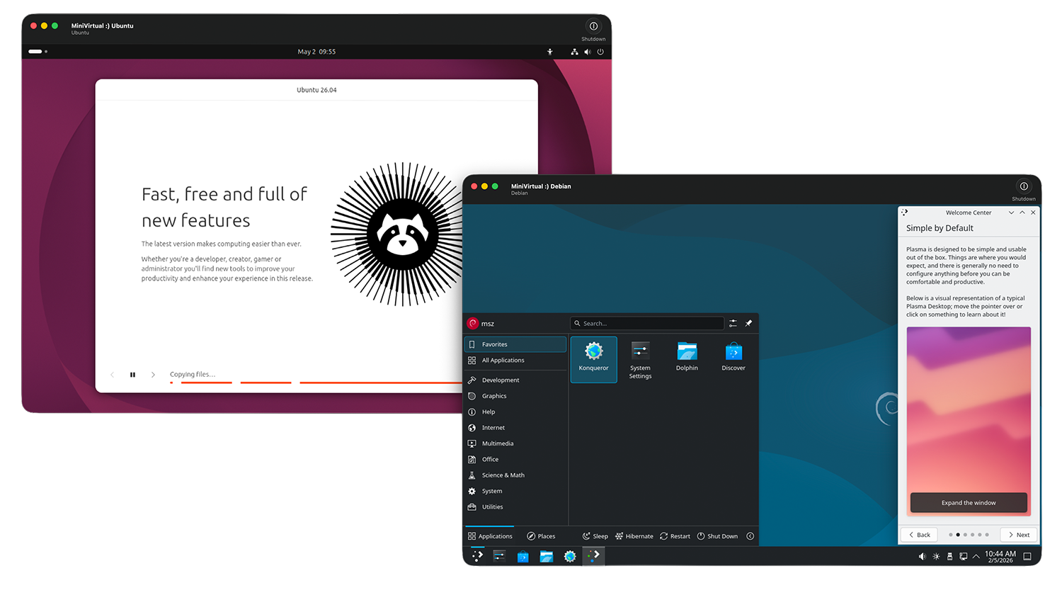 MiniVirtual running Ubuntu and Debian virtual machines