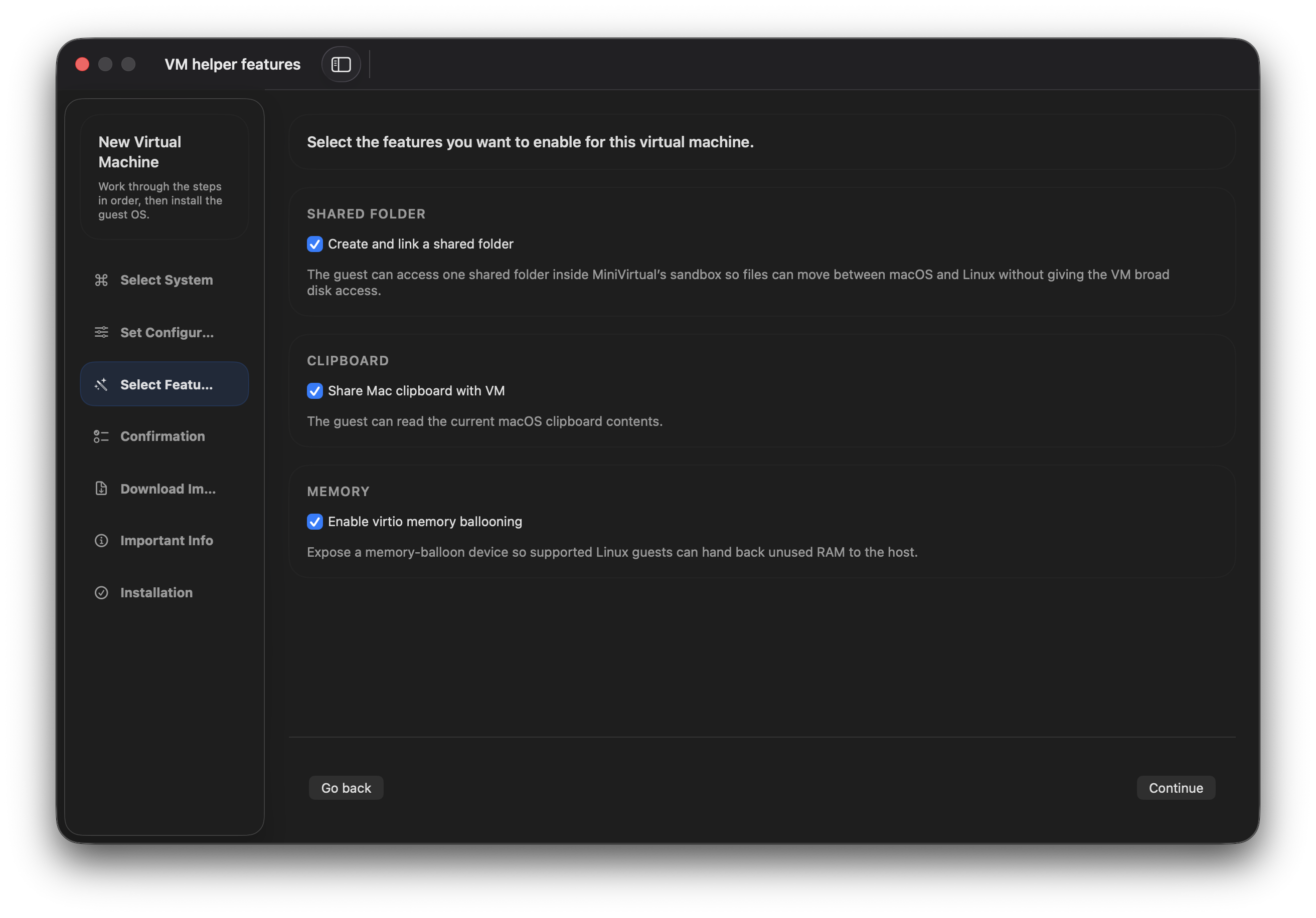 MiniVirtual configuration for shared clipboard, shared folders, and memory balloon