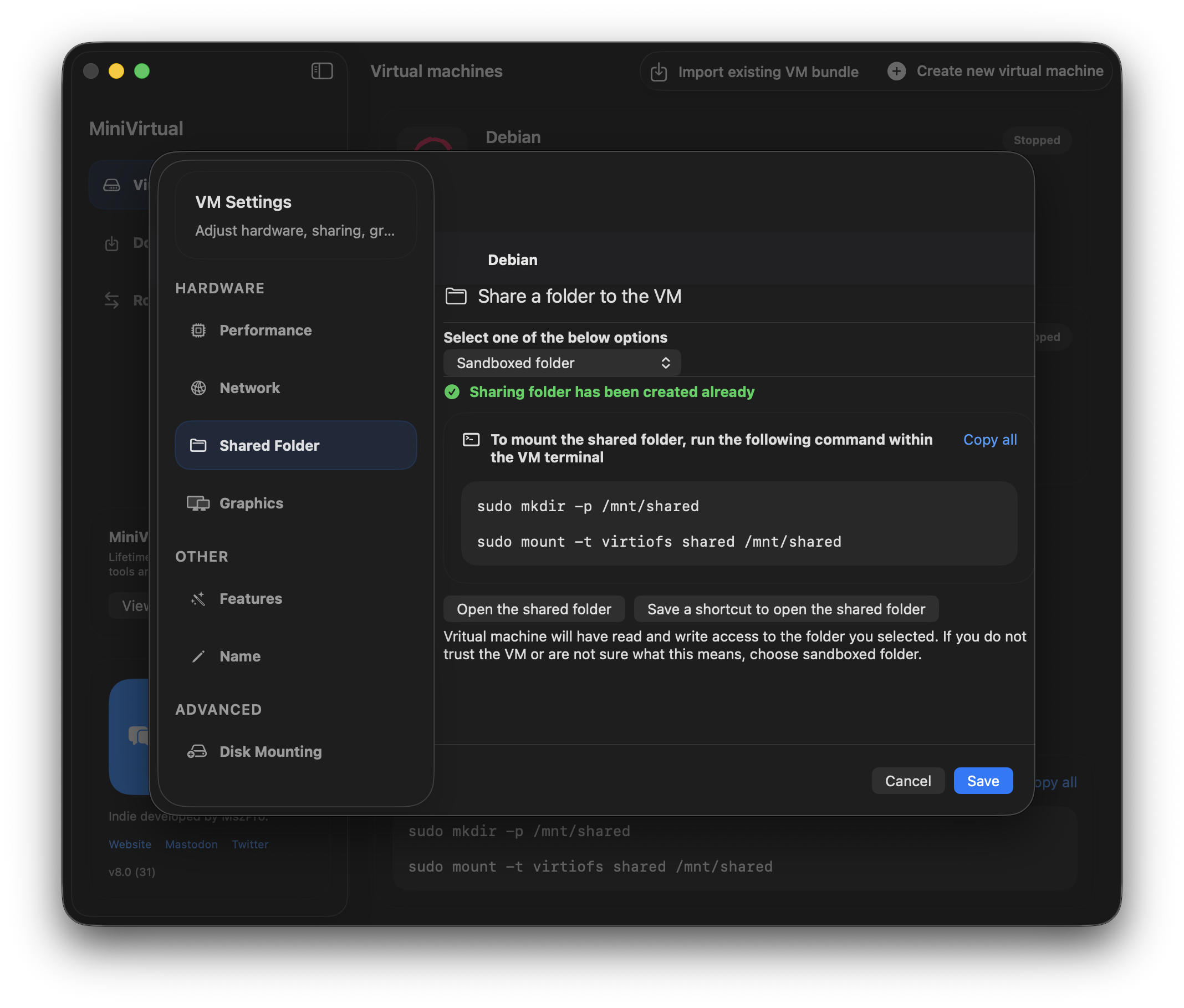 MiniVirtual configuration for shared folders