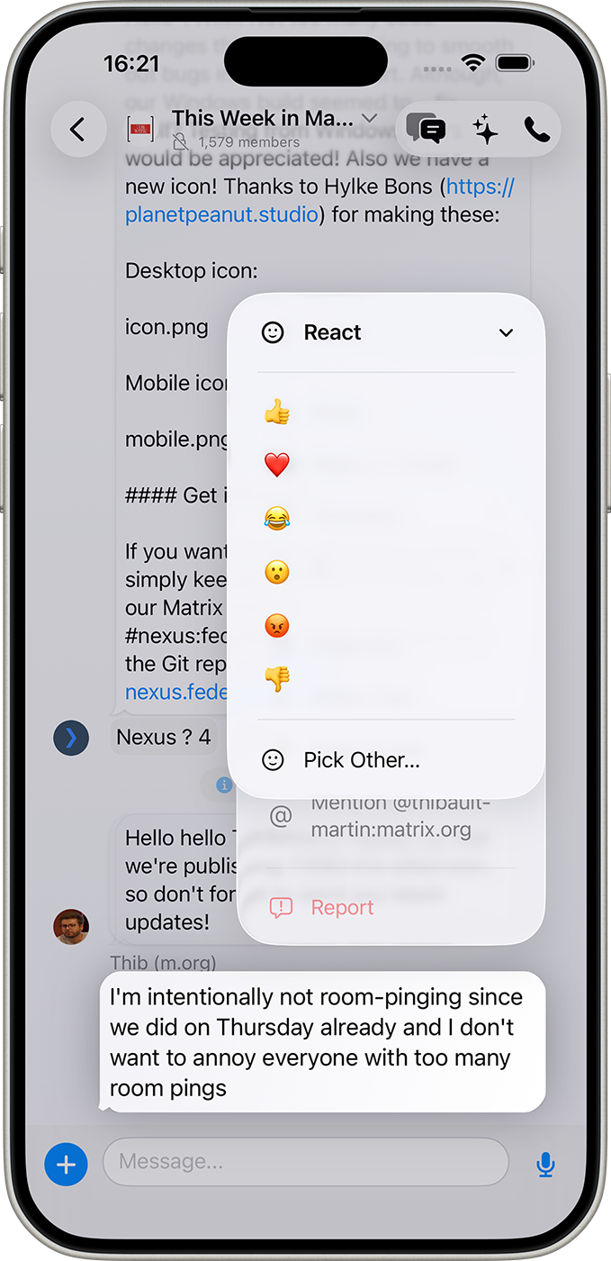 Neo adding a reaction emoji to a message