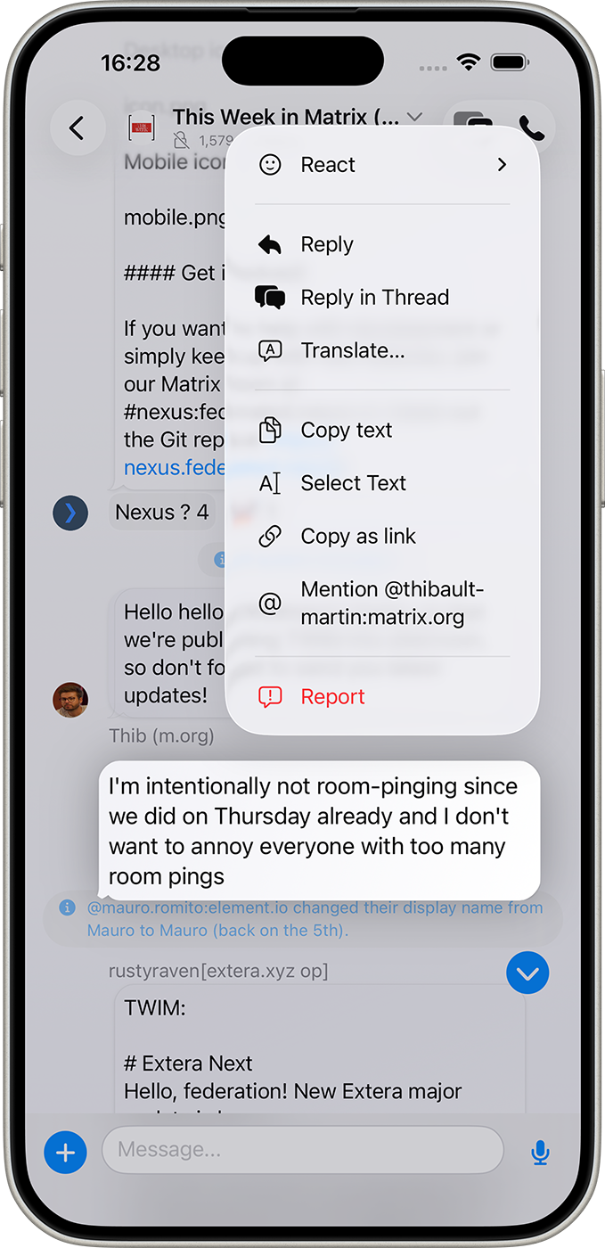 Neo message context menu with actions like translate, reply, and create thread