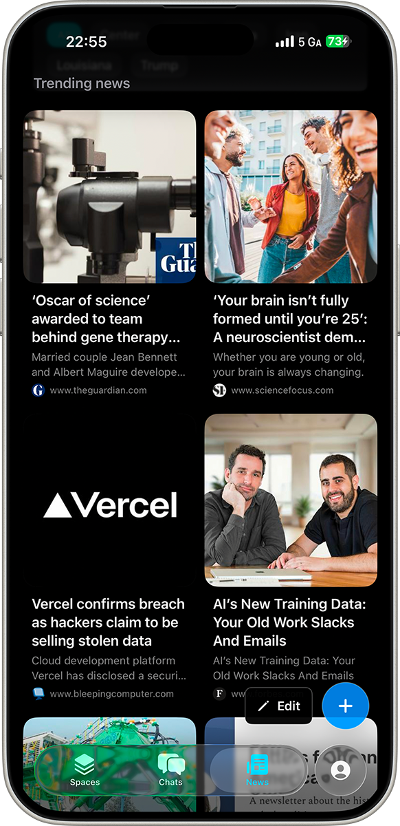 Neo showing a grid of trending news articles