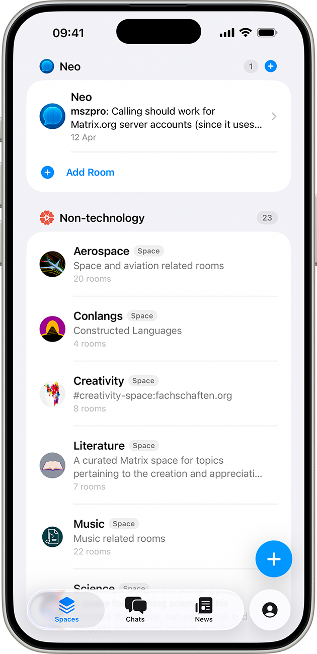 Neo Spaces tab showing a list of Matrix spaces