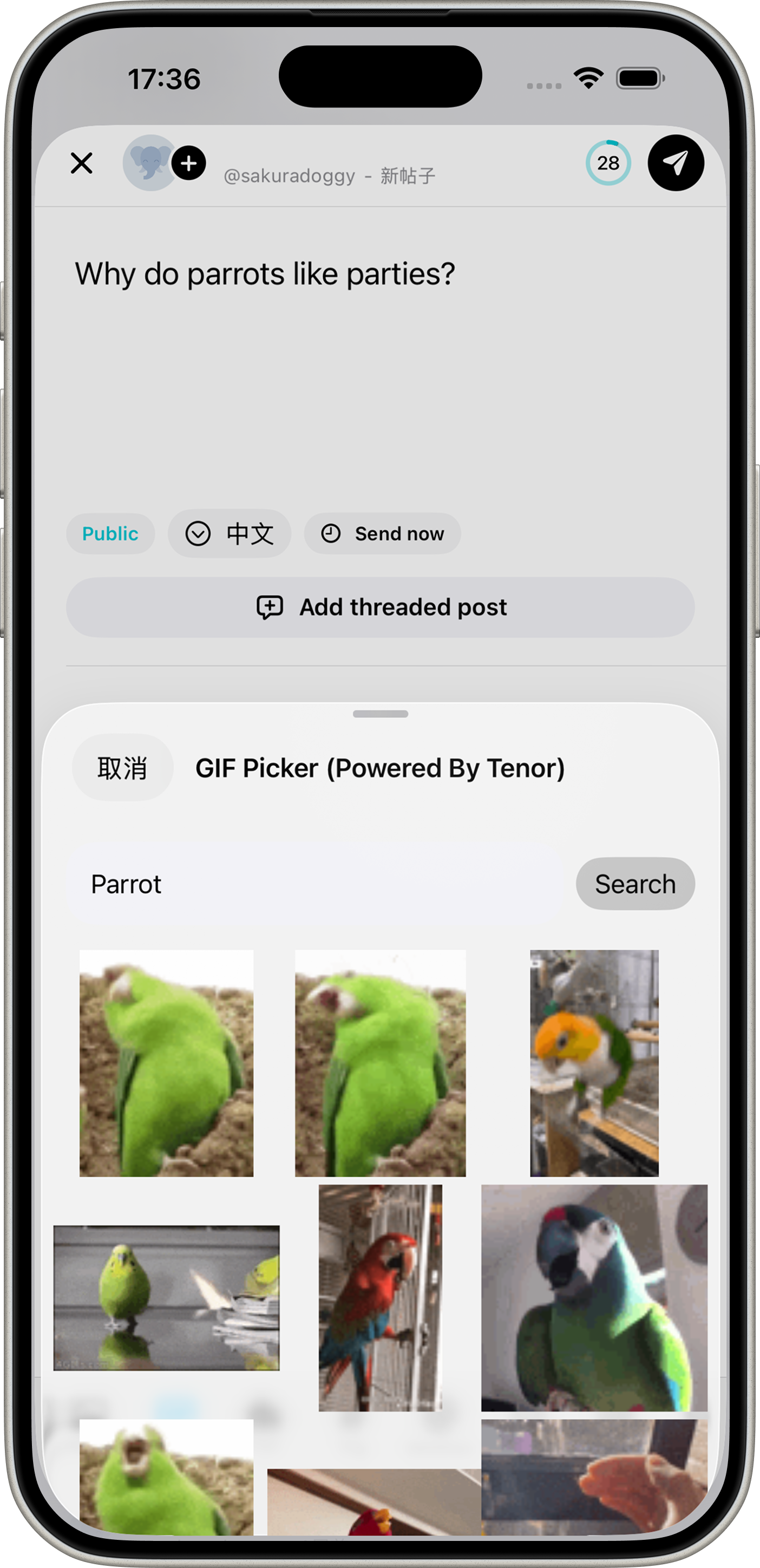 SoraSNS composer with GIF picker
