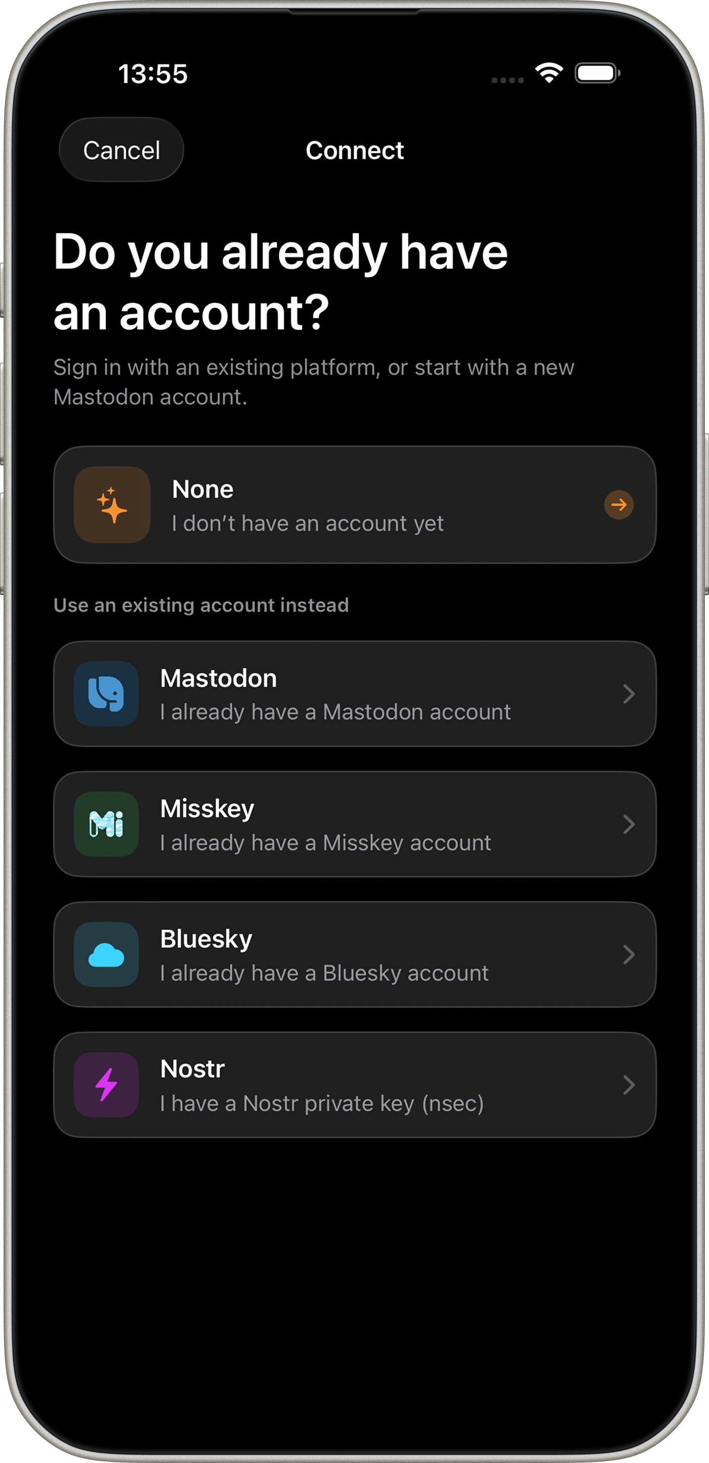 SoraSNS login screen for Mastodon, Misskey, Bluesky, and Nostr accounts